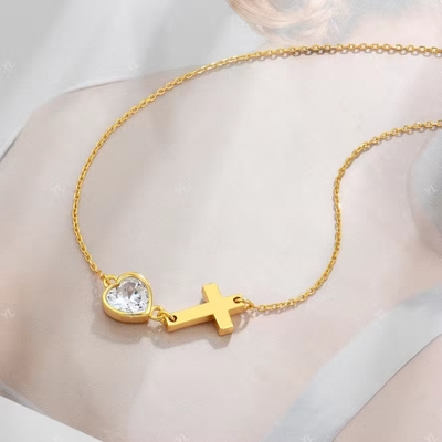 YASVITTI Bezel Heart Cubic Zirconia Necklace 925 Серебряный Классический Крестовый Простой Некласс 18K Позолоченный